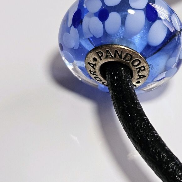 **Sale** Pandora Black Cord Bracelet W/ Large Blue Flowered Murano Glass Bead 7" - Picture 10 of 16